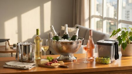 Champanheira, balde térmico e acessórios para servir branco, rosé e espumante em casa