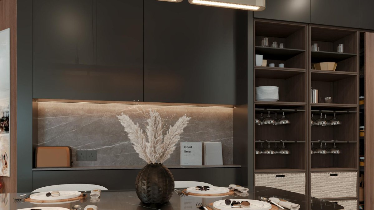ambiente residencial premium com marcenaria e taças, contexto para adega de 51 garrafas