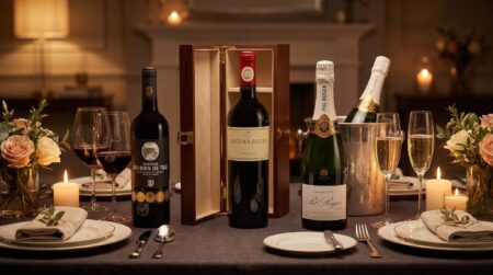 Vinhos para Dia dos Namorados com Malbec premium, Bordeaux e Champagne em mesa de jantar romântico