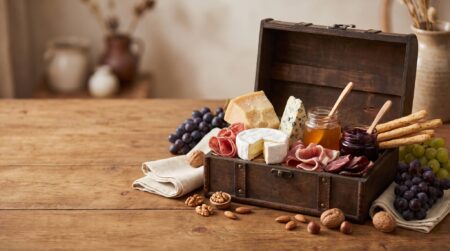Cesta gourmet com queijos, charcutaria, geleia e grissinis para presente