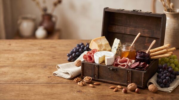 Cesta gourmet com queijos, charcutaria, geleia e grissinis para presente