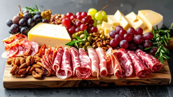 Tábua com salame, queijos, geleia e grissinis