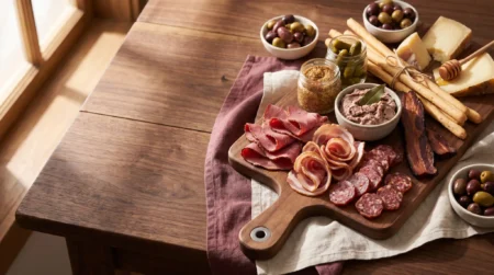 Tábua com pastrami, salames, bacon, picles e acompanhamentos