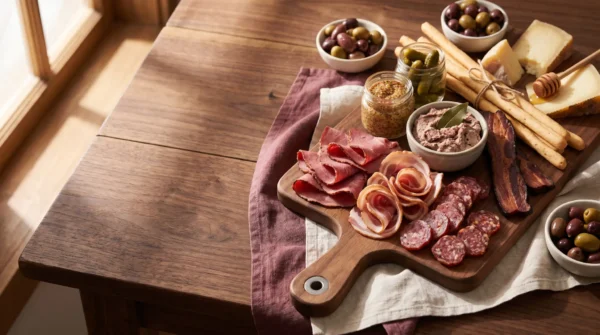 Tábua com pastrami, salames, bacon, picles e acompanhamentos