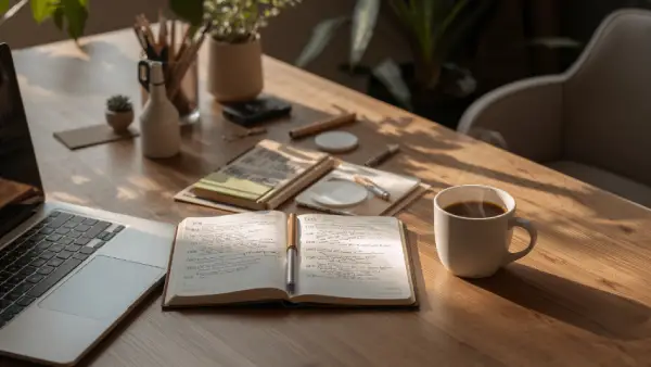 Xícara de café sobre mesa de trabalho ao lado de um notebook