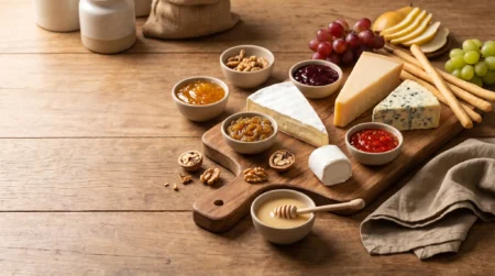 Tábua de queijos com geleias de diferentes sabores e mel cremoso