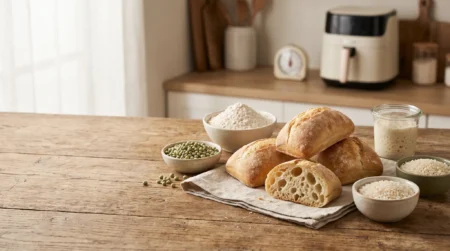 Mini ciabattas com farinha, ervilha, arroz e massa madre em uma mesa