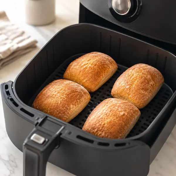 Mini ciabattas sendo aquecidas em air fryer