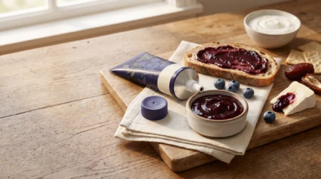 Geleia de mirtilo em bisnaga servida com torrada, queijo e blueberries