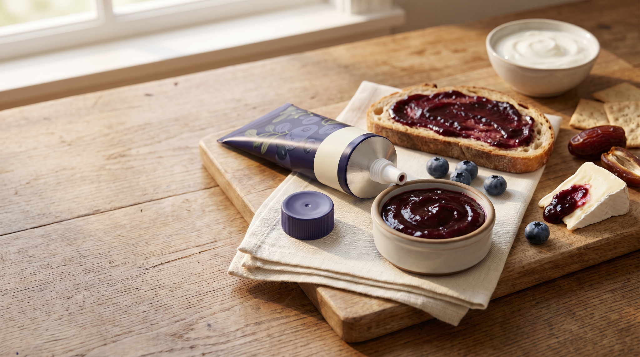 Geleia de mirtilo em bisnaga servida com torrada, queijo e blueberries