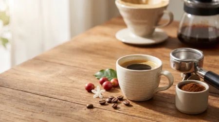 Xícara de café espresso com café moído, porta-filtro, grãos e coador