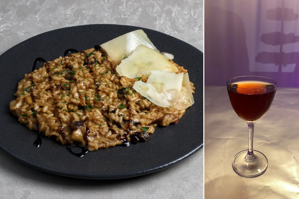 Risoto de cogumelos e taça de vinho tinto em composição editorial para harmonizar com Beauvignac Merlot 2023
