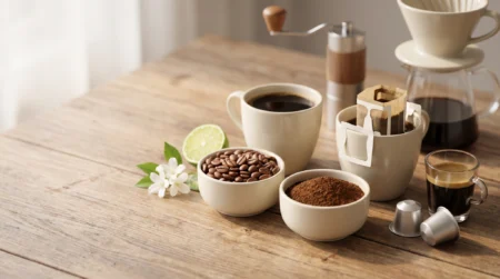 Coffee Mais Geisha representado em grãos, moído, drip coffee e cápsulas