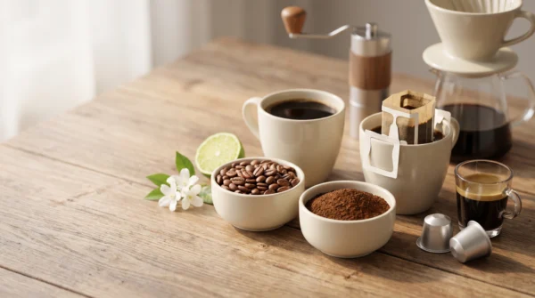 Coffee Mais Geisha representado em grãos, moído, drip coffee e cápsulas
