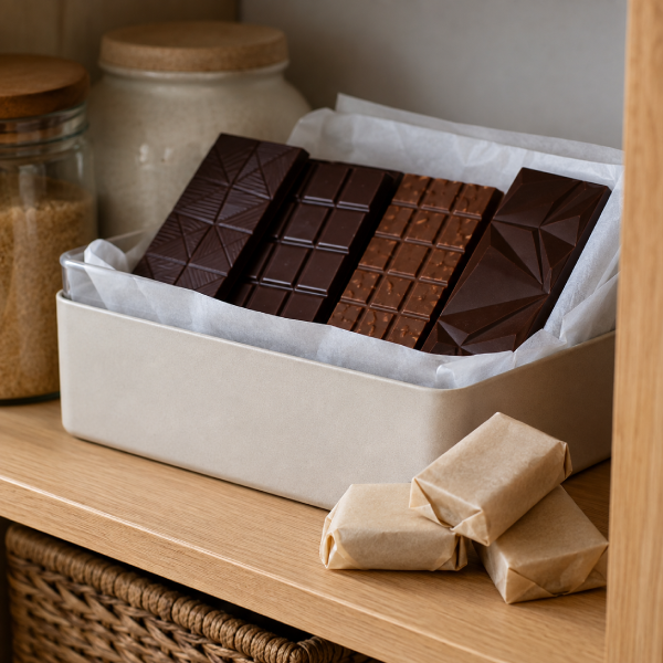 Barras de chocolate protegidas em embalagem neutra e local fresco