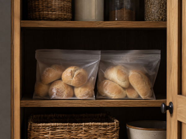 Pães embalados e armazenados em despensa limpa e protegida da luz