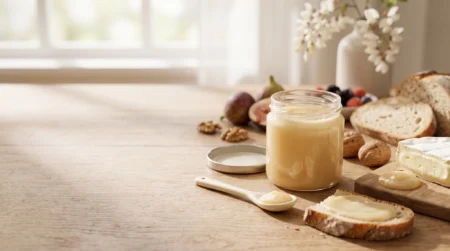 Mel cremoso em pote de vidro servido com pão rústico e queijo
