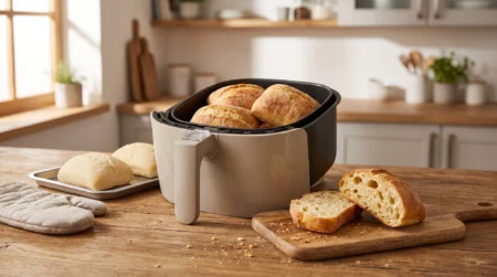 Pães pré-assados sendo finalizados em air fryer em uma cozinha doméstica
