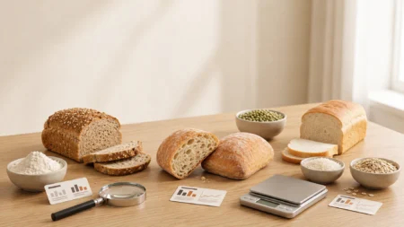 Pães de diferentes tipos com ingredientes e utensílios para comparação de pão proteico
