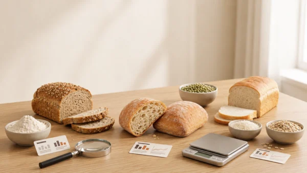 Pães de diferentes tipos com ingredientes e utensílios para comparação de pão proteico