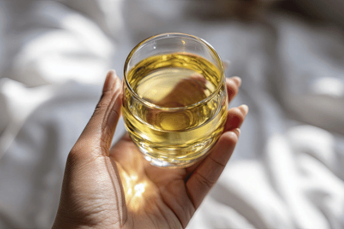 Quinta dos Roques Encruzado 2023 – degustação Pessoa adulta degustando Quinta dos Roques Encruzado 2023 em taça de vinho branco
