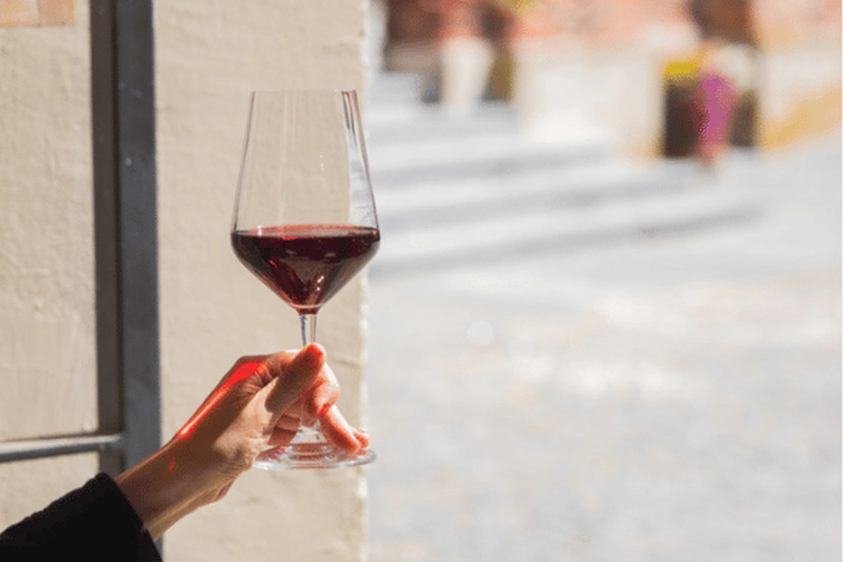 Pessoa adulta degustando vinho tinto de tonalidade rubi compatível com Ruta 36 Red Blend