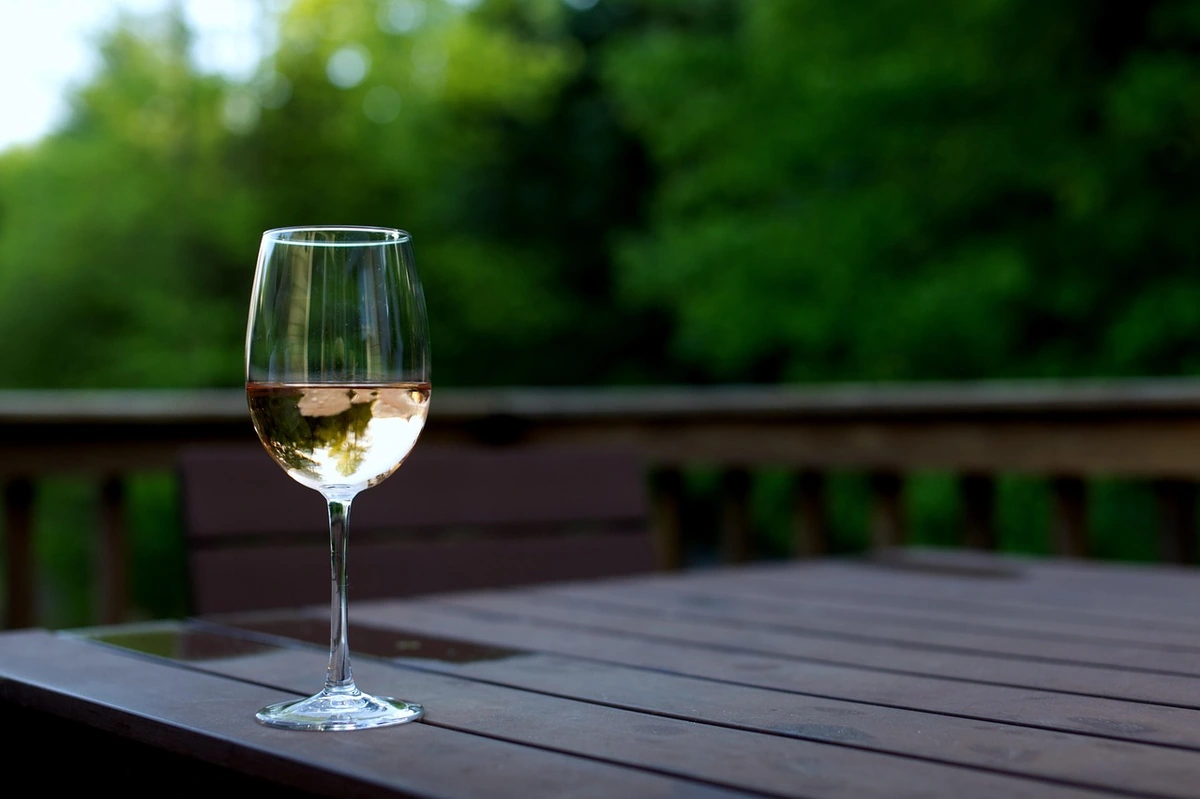 Taça preenchida com vinho branco claro sobre mesa de madeira, com vegetação ao fundo