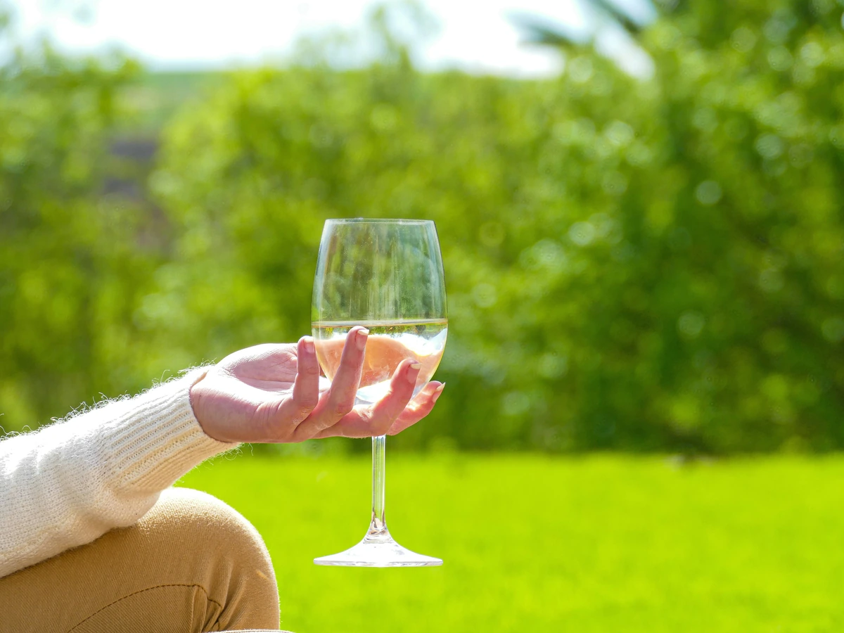 Mão segurando uma taça preenchida com vinho branco diante de um jardim.