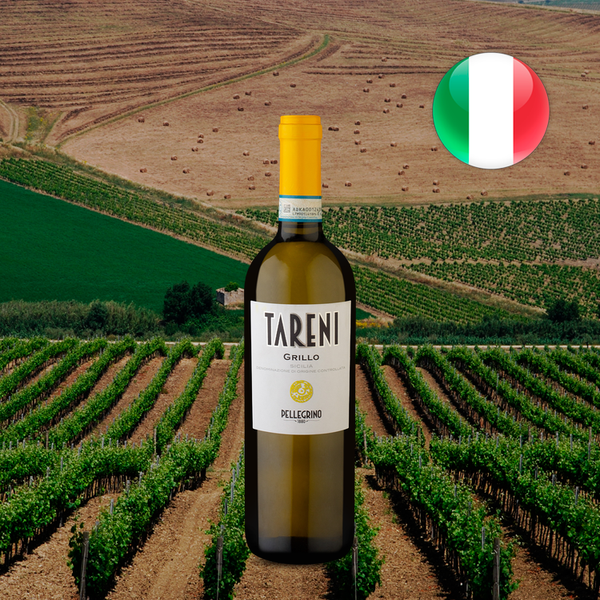 Garrafa de Tareni D.O.C. Sicilia Grillo 2023 em composição de oferta.