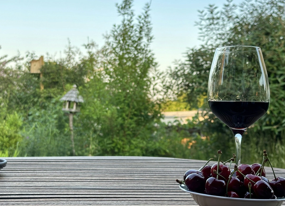 Taça de vinho tinto e cerejas escuras sobre mesa de madeira ao ar livre