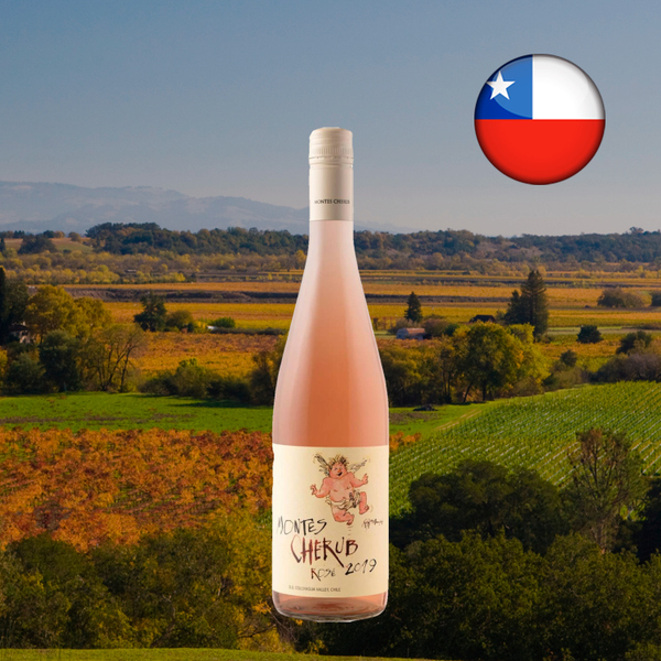Garrafa de Montes Cherub Rosé sobre paisagem oficial de Colchagua