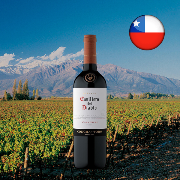 Garrafa de Casillero del Diablo Carménère, com cápsula marrom e rótulo claro, diante de vinhedos e montanhas com cumes nevados, com bandeira chilena em composição quadrada.