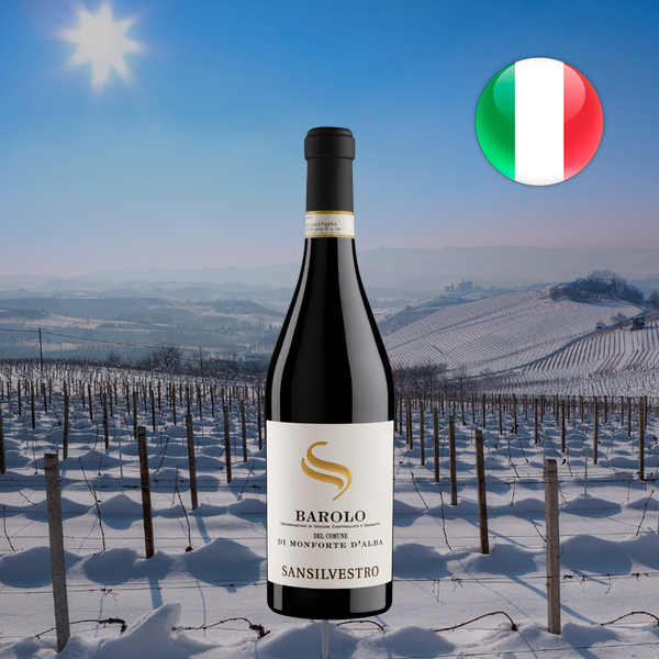 Garrafa de San Silvestro Barolo DOCG del Comune di Monforte d'Alba, com cápsula preta, diante de vinhedos nevados do cenário do Piemonte, com bandeira italiana em composição quadrada.