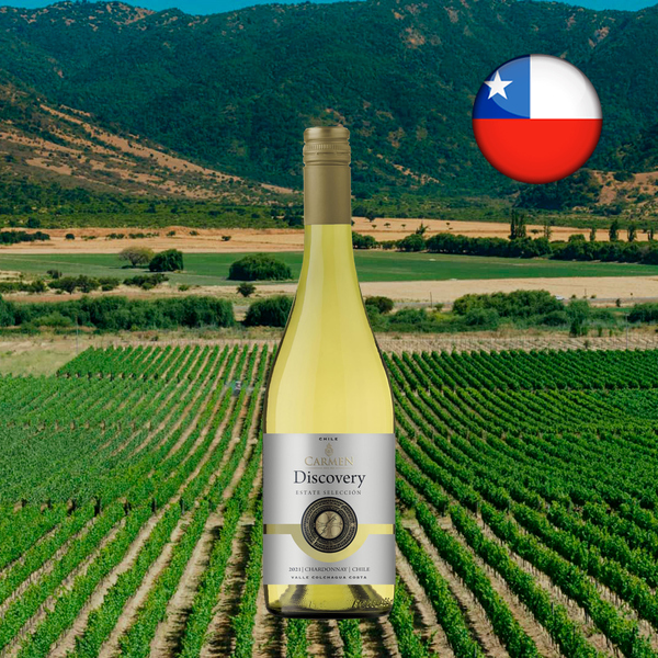 Imagem quadrada de Carmen Discovery Estate Selección Chardonnay, com cápsula dourada e rótulo prateado com faixa amarela, sobre vinhedos e colinas, com bandeira do Chile.