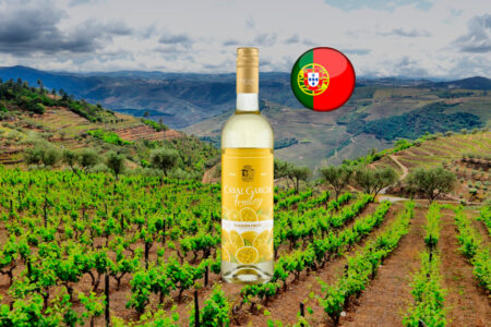 Casal Garcia Fruitzy Maracujá em garrafa inteira, com rótulo amarelo e a inscrição Passion Fruit, sobre panorama horizontal de vinhedos em encostas e colinas, com bandeira portuguesa.