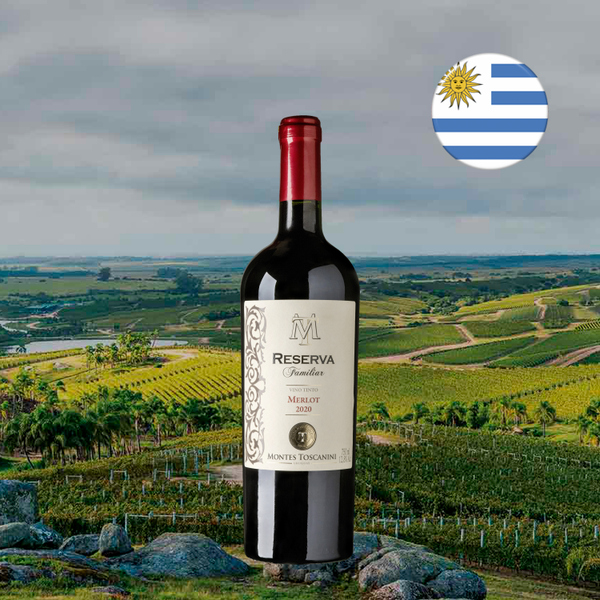 Garrafa de Montes Toscanini Merlot sobre paisagem oficial de Canelones