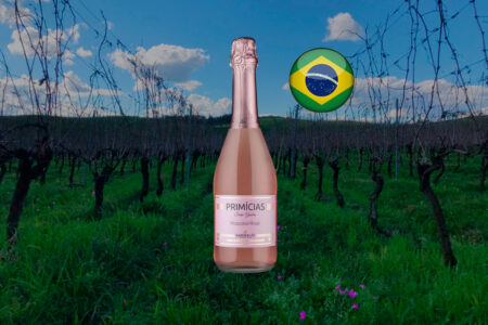 Garrafa do Garibaldi Primícias Moscatel Rosé 660 ml com fechamento rosa e rótulo claro, centralizada em vista horizontal de parreiras sem folhas e gramado com flores rosas; céu azul e bandeira brasileira à direita.