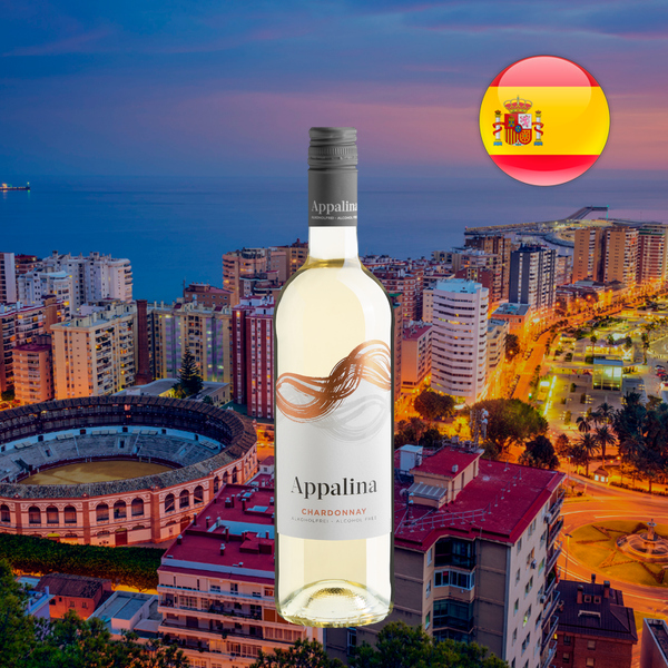 Imagem quadrada da garrafa de Appalina Chardonnay Zero Álcool, com cápsula cinza e rótulo claro com linhas acobreadas, diante de uma cidade litorânea com prédios, avenidas iluminadas e construção circular, com a bandeira da Espanha.
