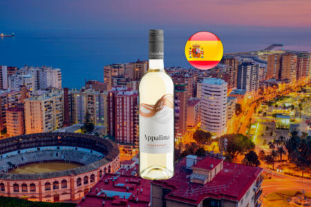 Imagem horizontal da garrafa de Appalina Chardonnay Zero Álcool, com líquido amarelo-claro e a inscrição Chardonnay no rótulo, diante de prédios, construção circular e mar ao entardecer, com a bandeira da Espanha.