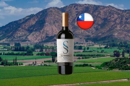 S de Siegel Reserva Merlot em garrafa inteira, com cápsula dourada e rótulo claro, sobre panorama horizontal de vinhedos verdes e montanhas, com bandeira chilena.