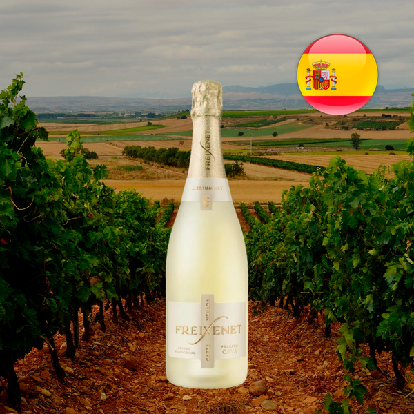 Garrafa de Freixenet Carta Nevada Demi-Sec, com vidro fosco claro e cápsula dourada, sobre paisagem ilustrativa espanhola de videiras e campos, com bandeira da Espanha.