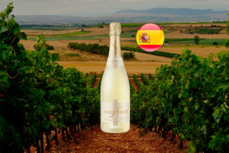 Freixenet Carta Nevada Demi-Sec ao centro, com cápsula dourada, entre fileiras de videiras; campos e montanhas ao fundo e bandeira da Espanha.