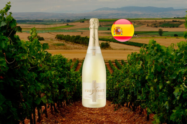 Freixenet Carta Nevada Demi-Sec ao centro, com cápsula dourada, entre fileiras de videiras; campos e montanhas ao fundo e bandeira da Espanha.
