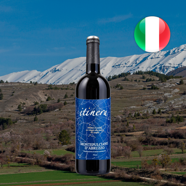 Itinera Prima Classe Montepulciano d'Abruzzo DOC 2019 — composição com a fotografia real da garrafa.