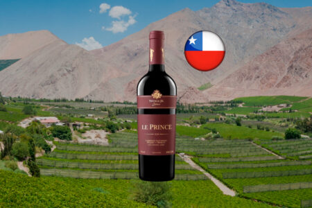 Le Prince Neymar Jr Signature Red Blend ao centro, com garrafa escura e rótulo bordô, sobre paisagem de vinhedos em um vale montanhoso e bandeira do Chile.