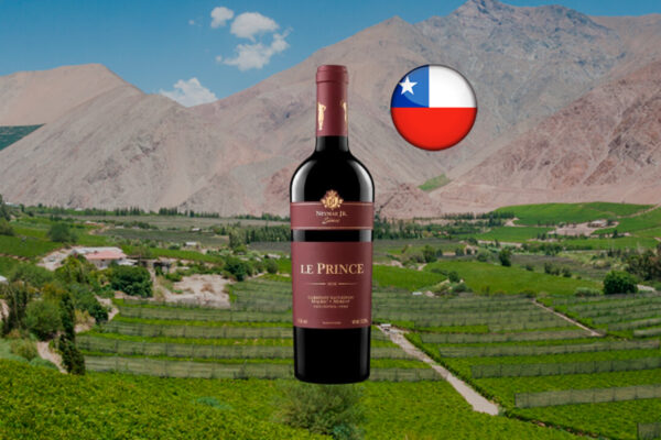 Le Prince Neymar Jr Signature Red Blend ao centro, com garrafa escura e rótulo bordô, sobre paisagem de vinhedos em um vale montanhoso e bandeira do Chile.