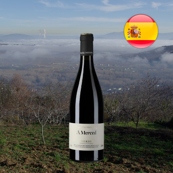 Garrafa de Michelini i Mufatto A Merced, com cápsula preta e rótulo claro, diante de árvores e um vale com neblina, com bandeira da Espanha.